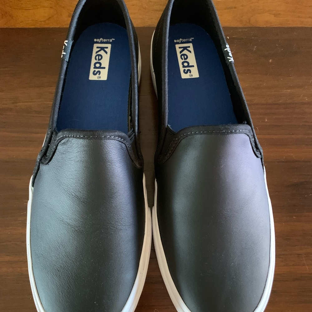Keds, Double Decker women’s slip on. Black leather, never worn, brand new.